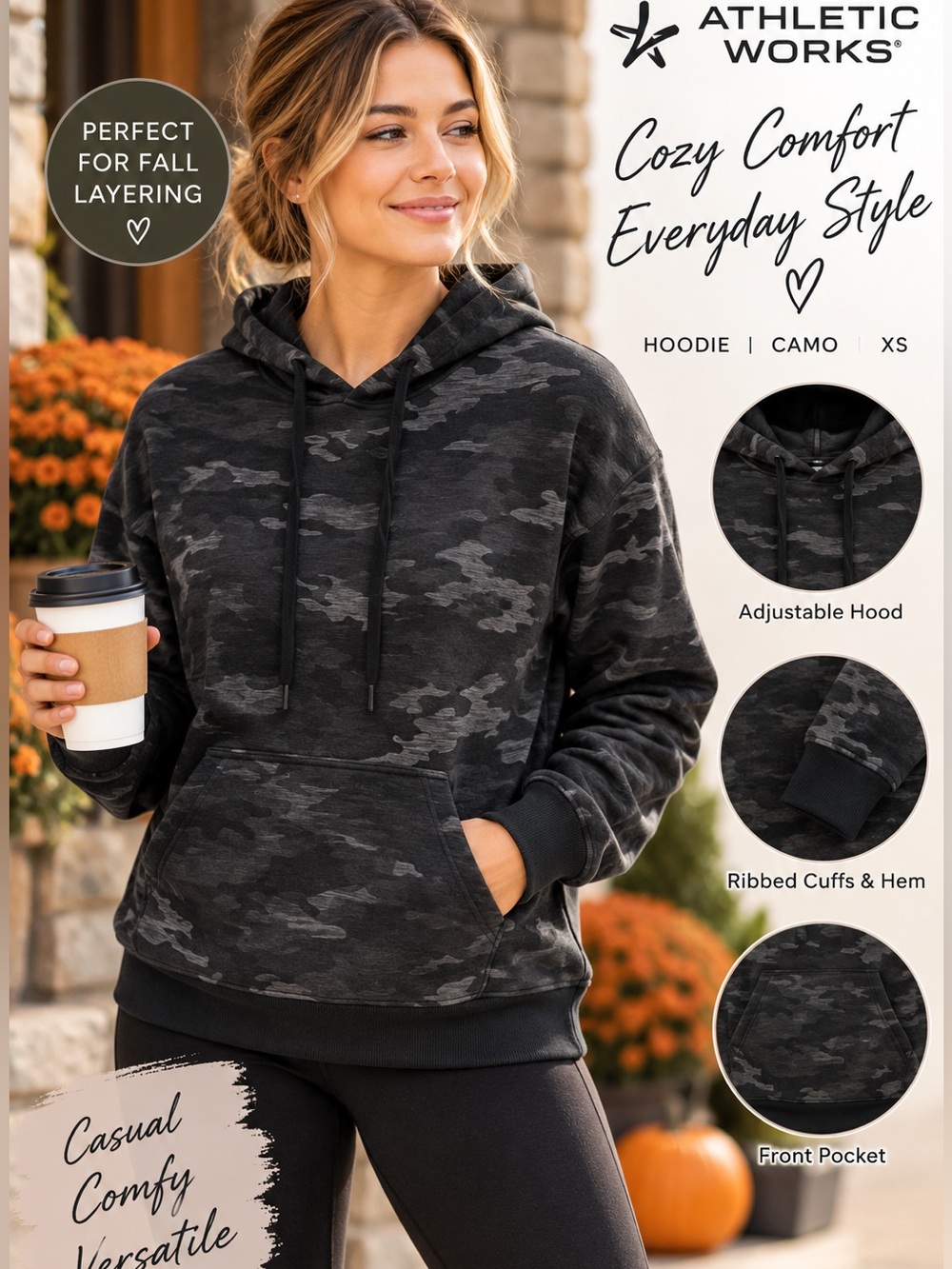 Athletic Works Black Camo Hoodie Women’s XS Soft Cozy Pullover Fall Casual